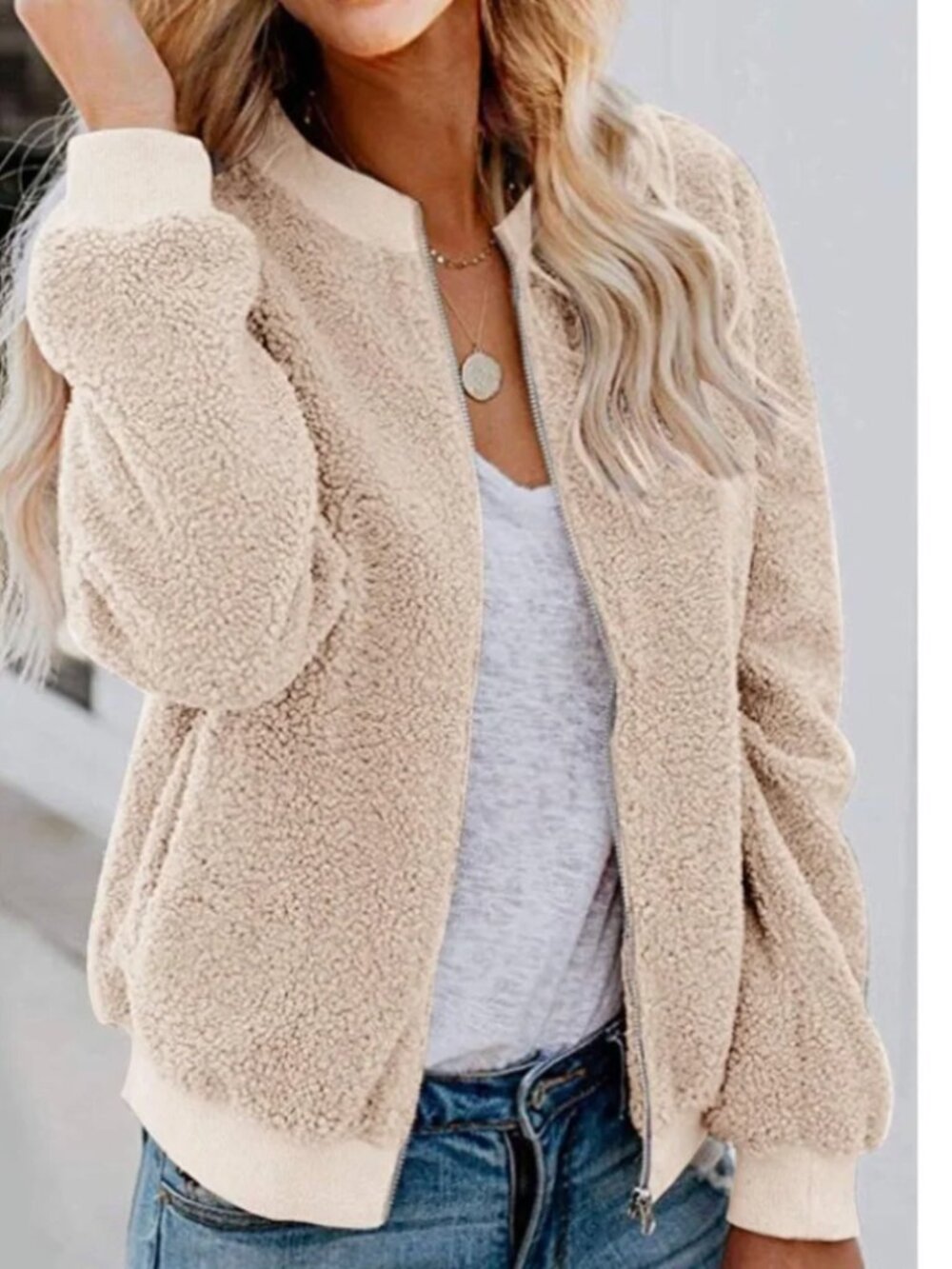 Mirol Women's Cream Textured Curly Lambswool Sherpa Zip Jacket S